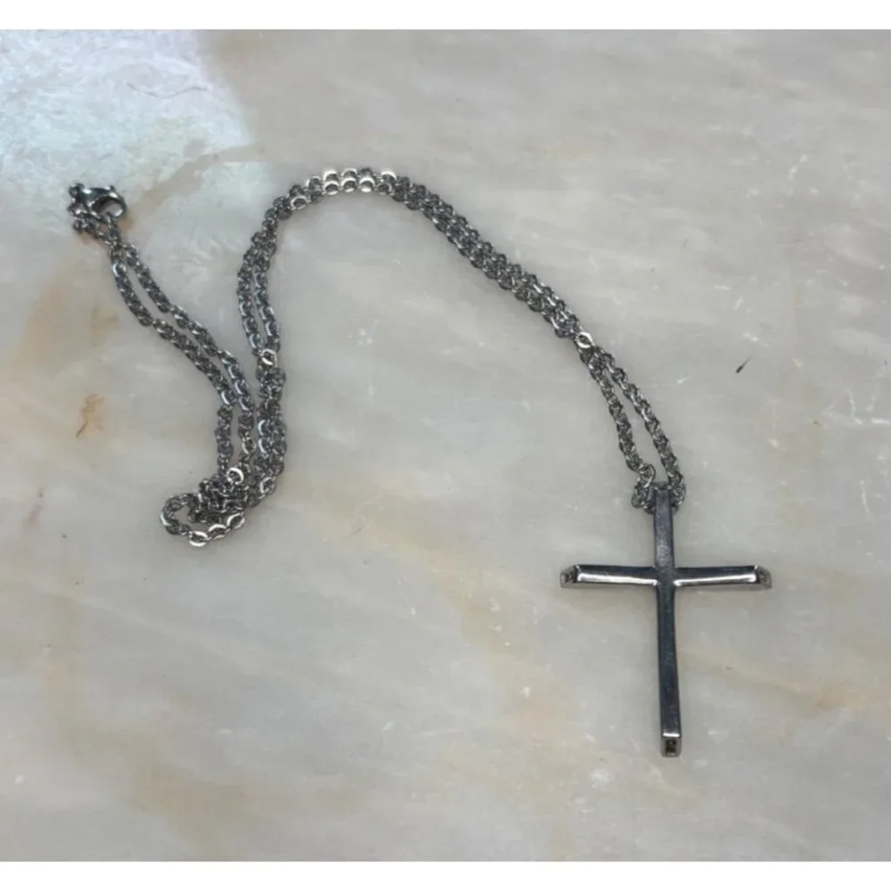 Stamped Chisel Sterling Silver Cross Pendant Necklace - Picture 4 of 12